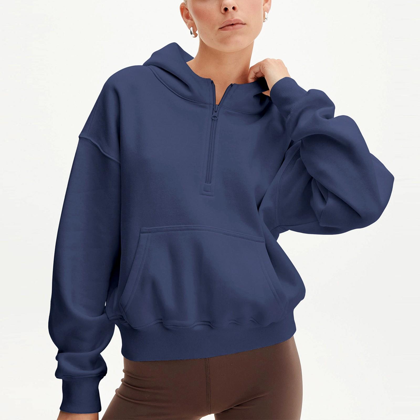 

Женская толстовка на молнии с капюшоном, повседневный пуловер с V-образным вырезом и длинными рукавами, топы M тёмно-синий