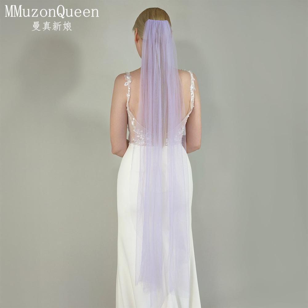Plain Solid Color Tulle Bridal Veil Single Layer Soft Flowy Simple Wedding Veil White Lavender Light Blue Floor Length Veil For Bride Elopement Shoot