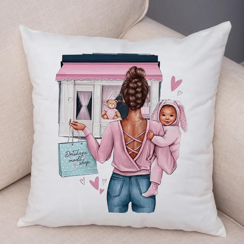 Beautiful Super Mother and Baby Pillow Case  Decor Cartoon Women Cushion Cover for Sofa Home Short Plush Pillowcase 45x45cm