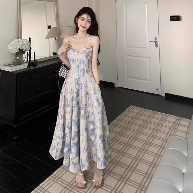 French blue oil painting long dress women's summer seaside vacation beach dress large swing dress waist floral suspender dress
