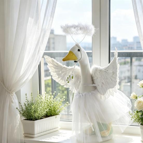 Yousheng 1 Set Angel Goose Outfit, Porch Goose Angel Devil Costume, Feather Wings Skirt Headband Wand Set, Fits Porch Goose Statue for Home Yard Lawn