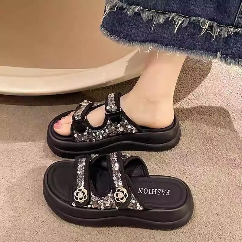 Summer new sequined Velcro style sandals women's platform casual fashion cool slippers