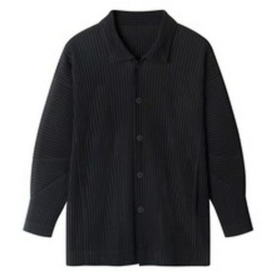 Men's Loose Fit Miyake-Style Pleated Polo Shirt - Solid Color, Long Sleeve, Classic Japanese Design