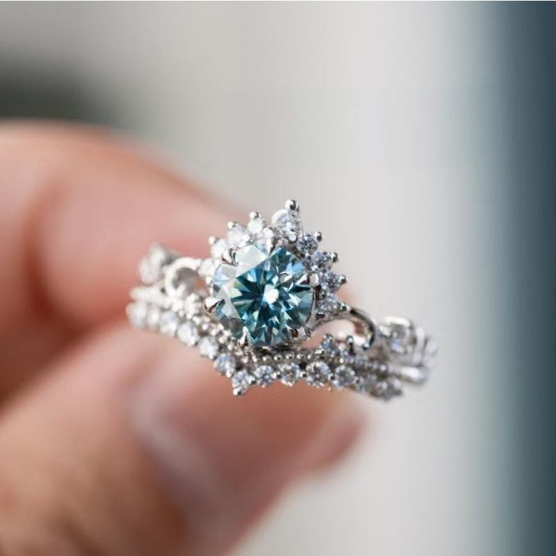 1Pc Fashion Multifunctional Silver Sea Blue Synthetic Zircon Ring