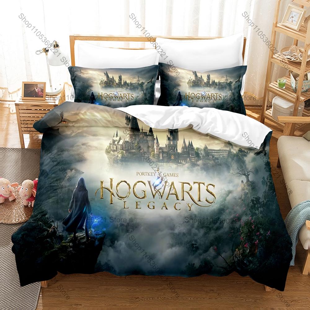 Hogwarts Legacy Beddengoed Dekbedovertrek + 2 Kussenslopen Tovenaar Open Wereld Spel Hogwarts Kasteel Magisch Bos Slaapkamer Decoratie EU Single 135*200cm/53x79in 3pcs gray