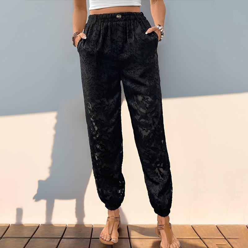 

Fashion Casual Black Jacquard Women Pants Loose See Through Streetwear Office Pocket Thin Trousers Spring Autumn Cropped Pants Women s Clothing L чорний