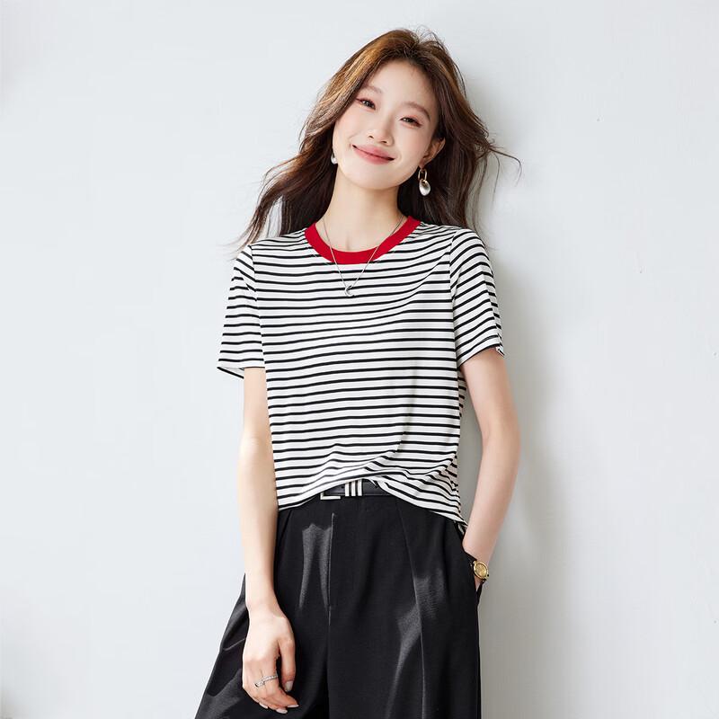 Srcr Women's Striped Mulberry Silk Short Sleeve T-Shirt