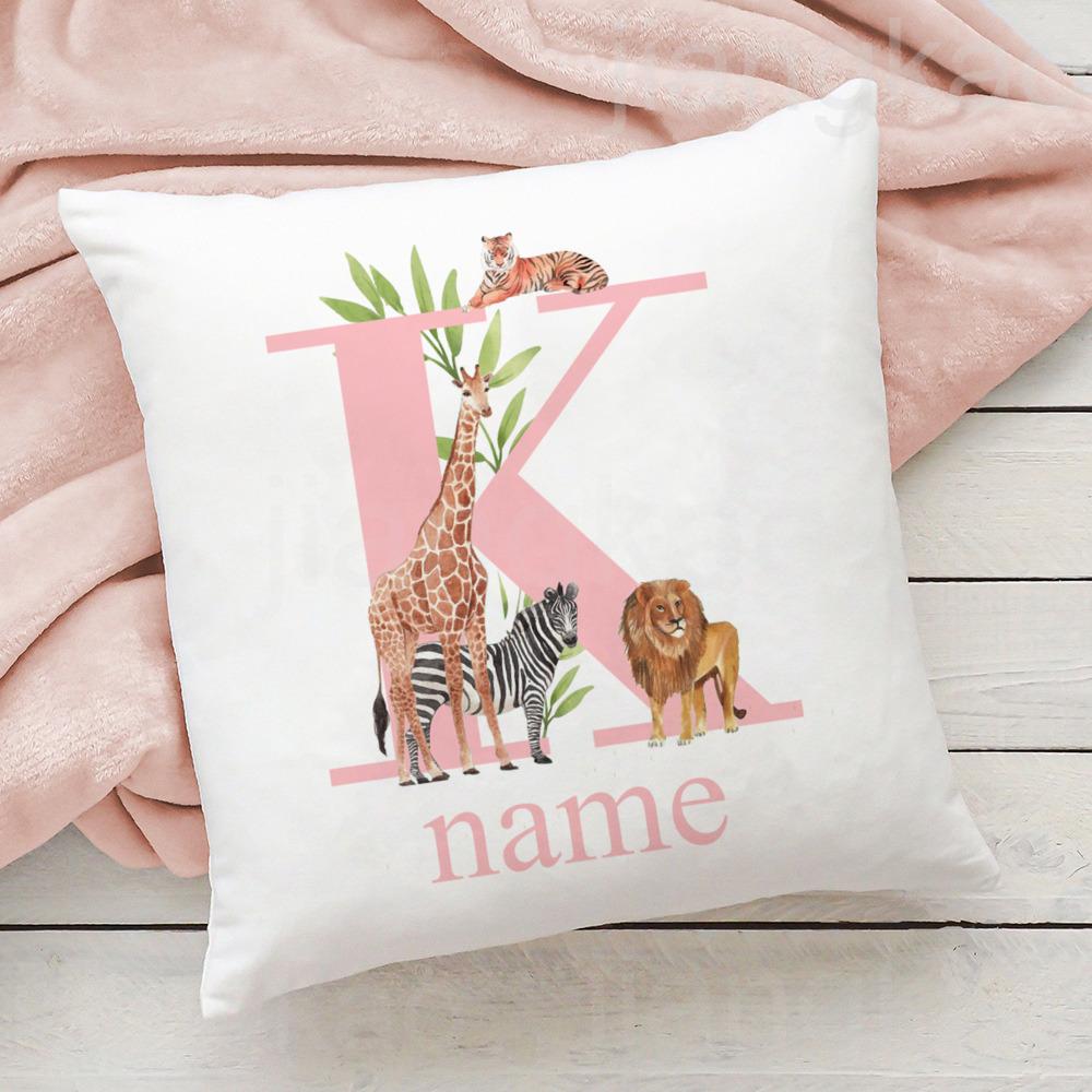 Personalized Pillow Case Initial with Name Safari Animal Pillow Cover Kids Bedroom Wild Party Decor Kids Birthday Shower Gift
