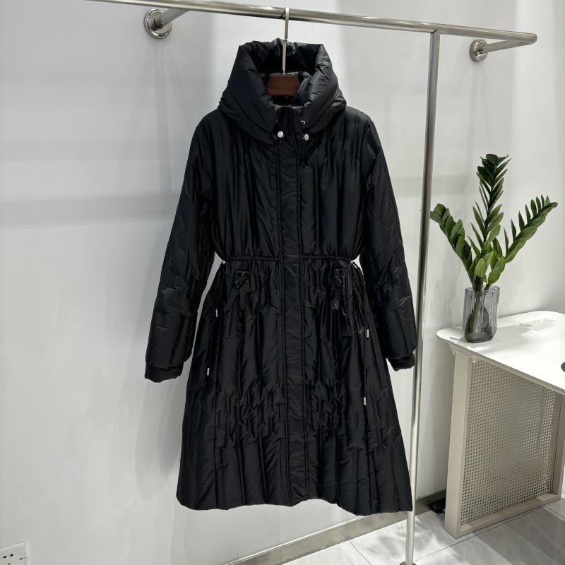 Autumn and winter European Station medium and thin stand-up collar white duck down pressed glue drawstring waist down jacket women's long coat