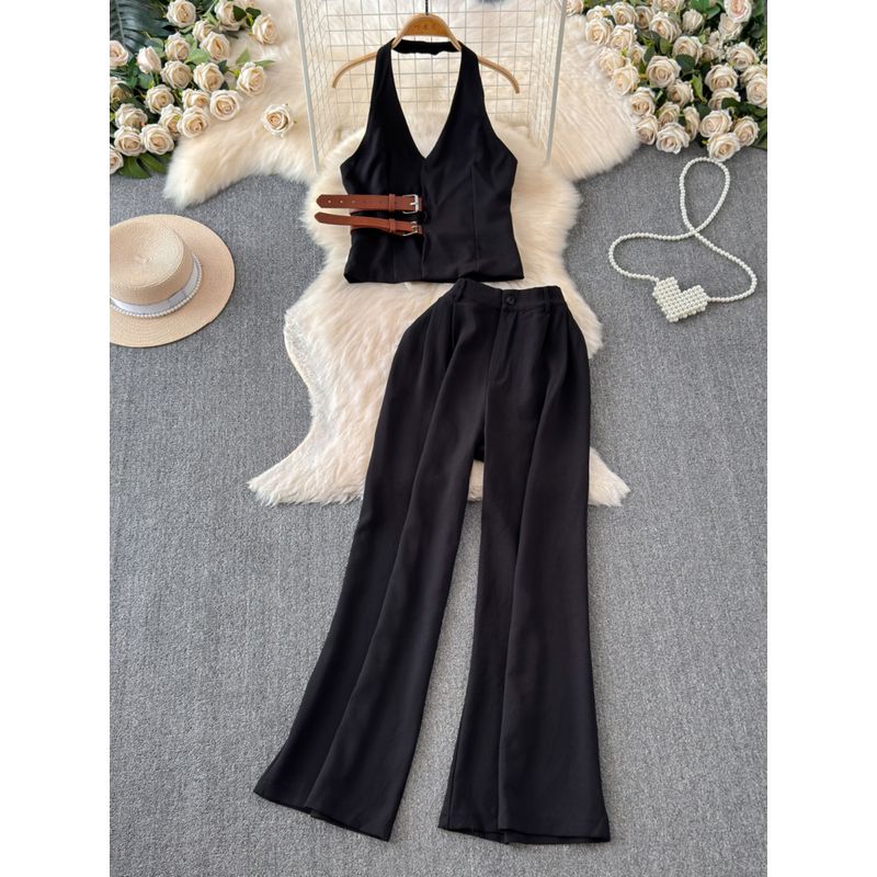 Stylish Niche Style Young Wind Buckle Waist Halter Backless Sling Tops + High Waist Slimming and Wide Leg Two-piece Set