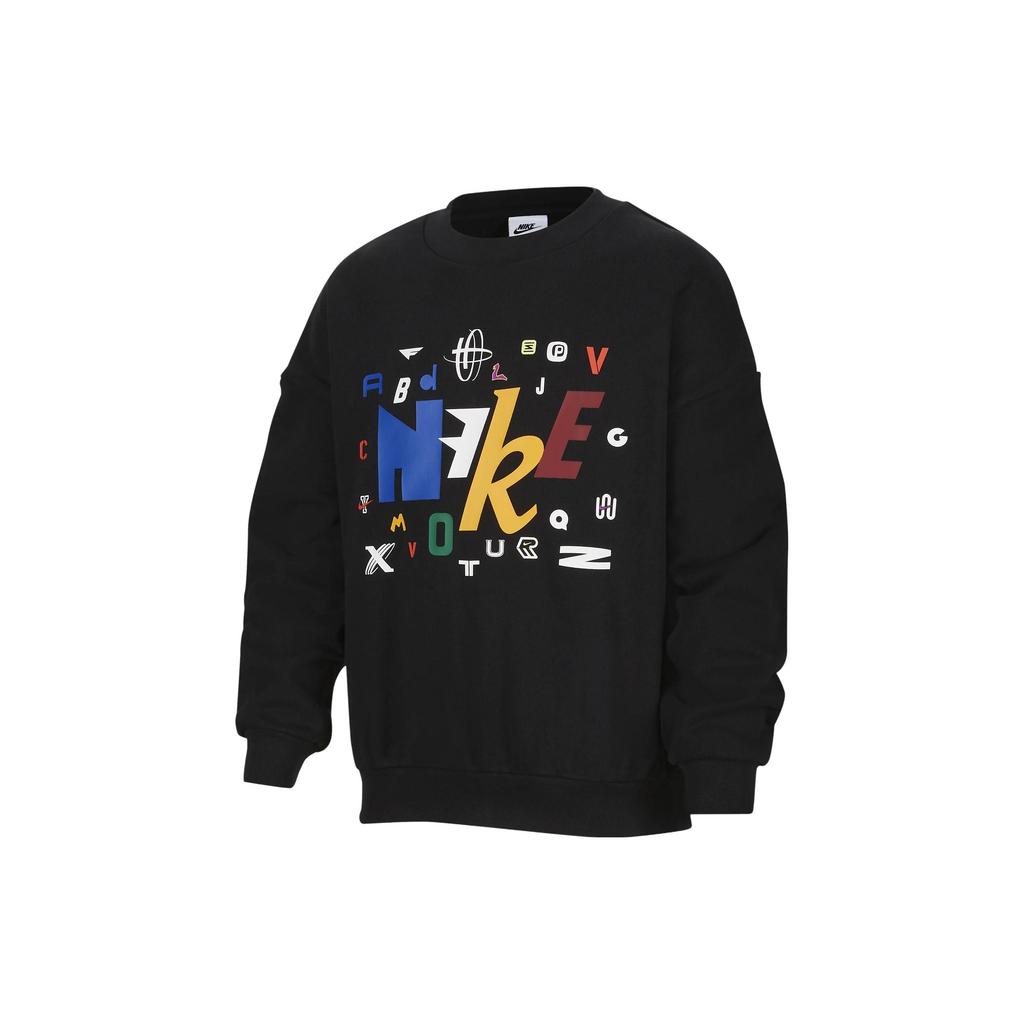 Nike Dětská mikina s nápisem, kulatým výstřihem, ležérního volného střihu, fleecová, sportovní mikina pro děti, černá HF0386-010