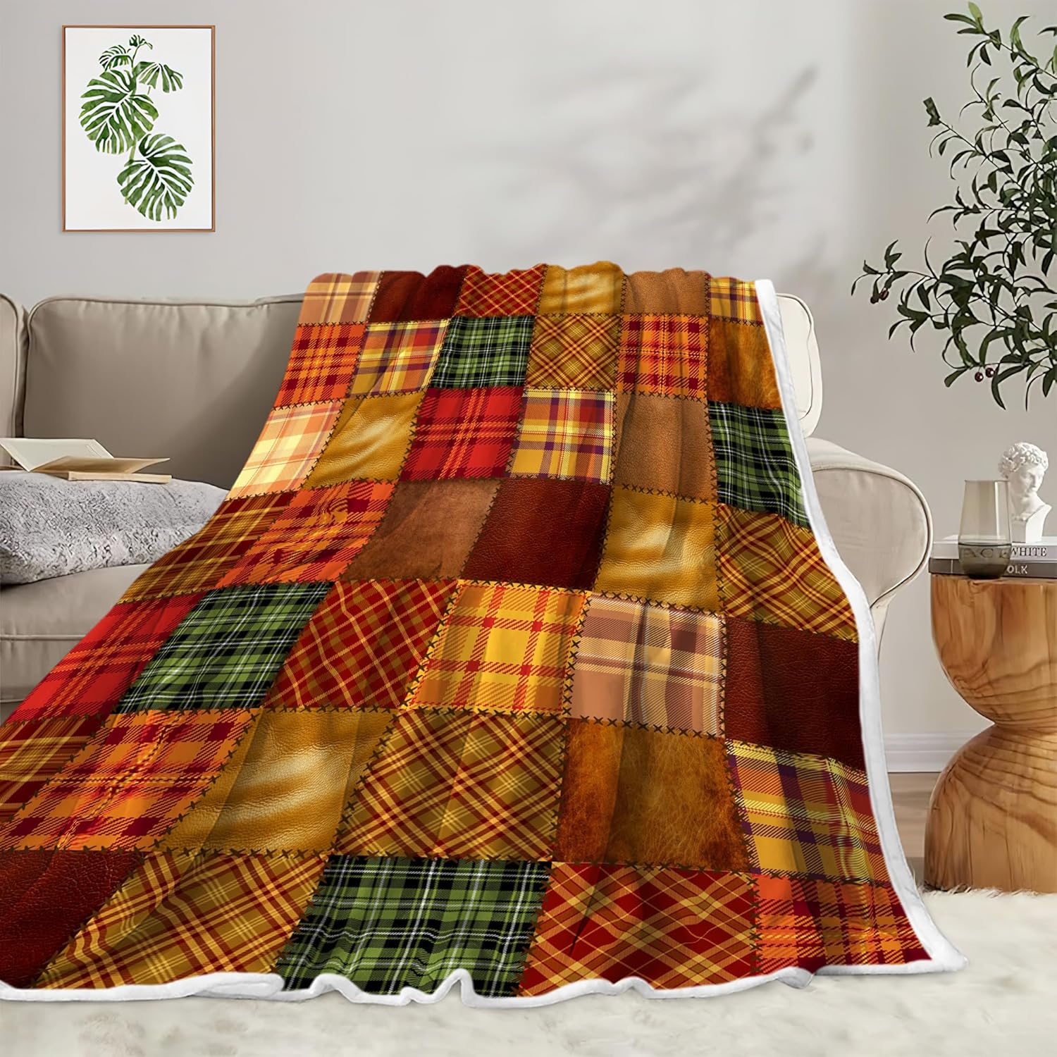 JAWO Fall Throw Blanket, Autumn Orange Plaid Fall Farmhouse Thanksgiving Cozy Bed Couch Blanket, Soft Comfy Fleece Flannel Throws Blankets Livingroom