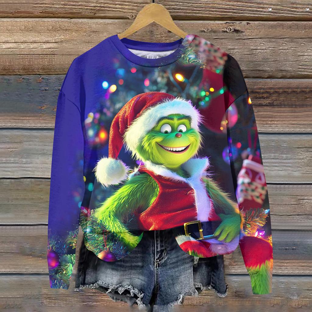 Ladies' Christmas Greentown Print Casual Long Sleeved Round Neck Sports Hoodie Top