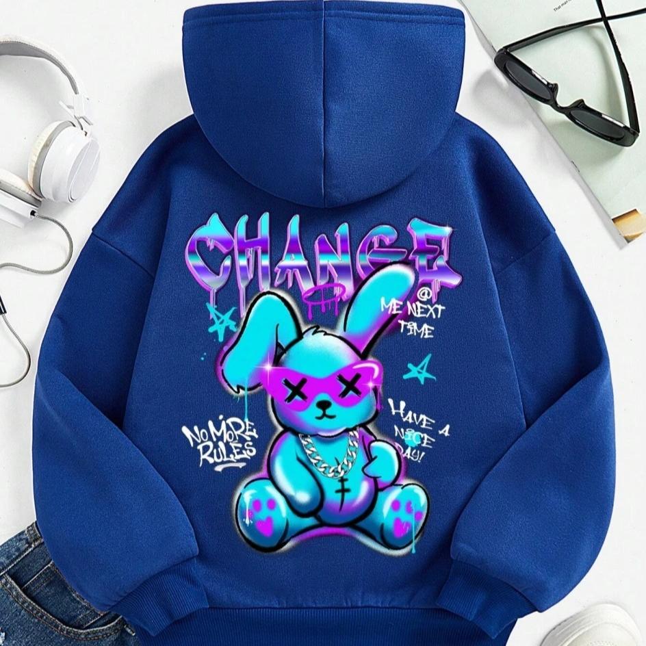 Módní mikina s potiskem kreslených králíčků Dámská móda Univerzální pouliční mikina s kapucí Kulatý výstřih Ležérní mikiny Pulovr Nadměrné oblečení