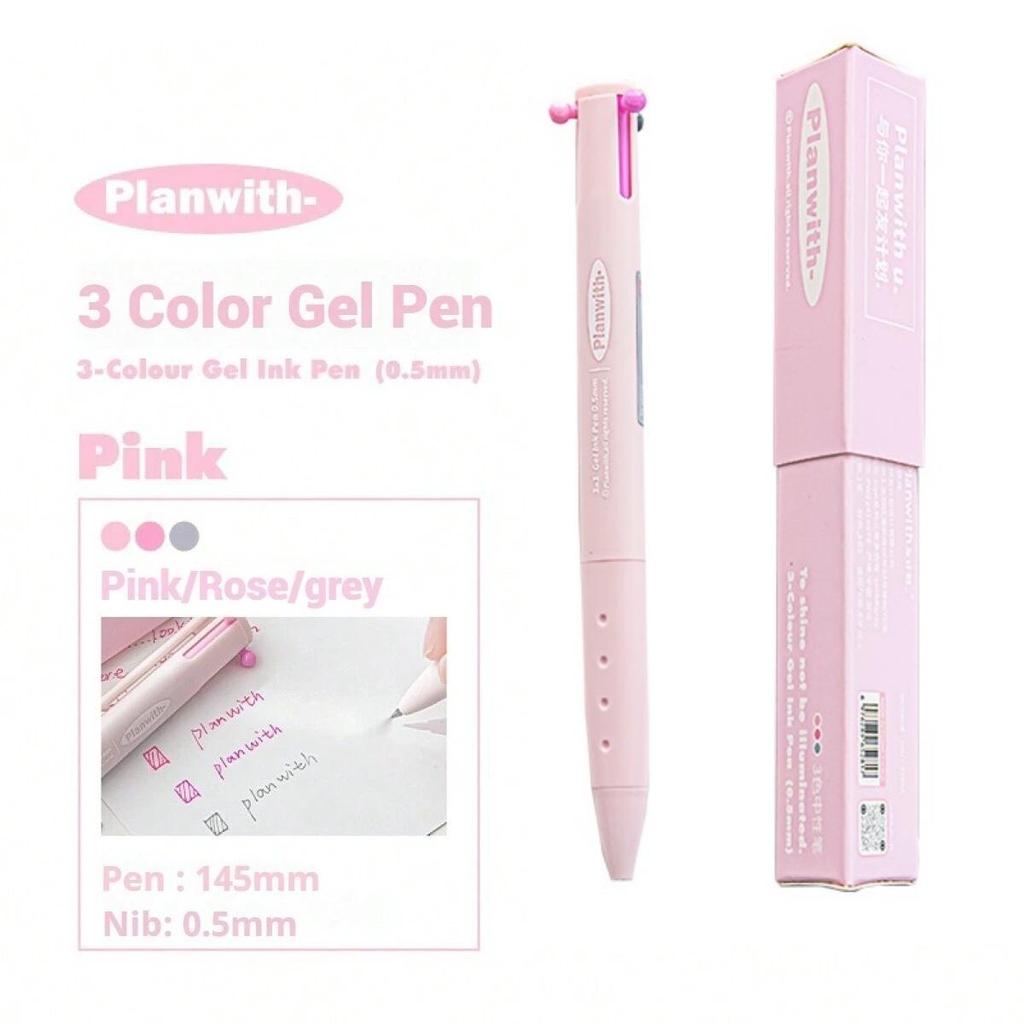 1pcs Triangular Multi-color Pen, Planwith Sign Series 3 Colors 0.5mm Point Gel Pen Multifunctional Liner Marker School