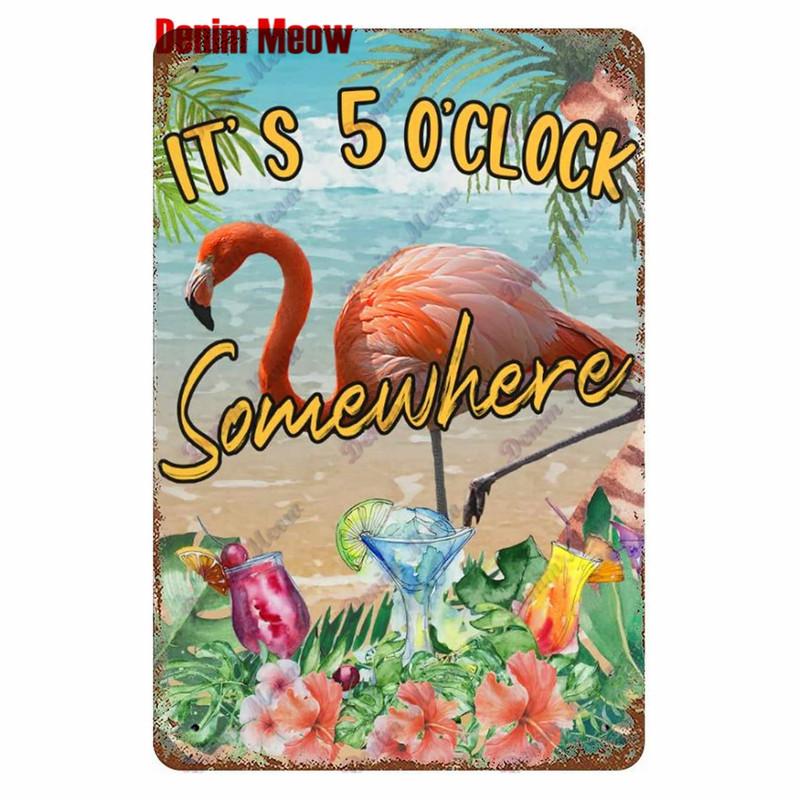 Metal Tin Sign Wall Decor, Vintage Parrot Cocktail Bar Plates, Kitchen Painting Decor, It's 5 O'clock, WY23