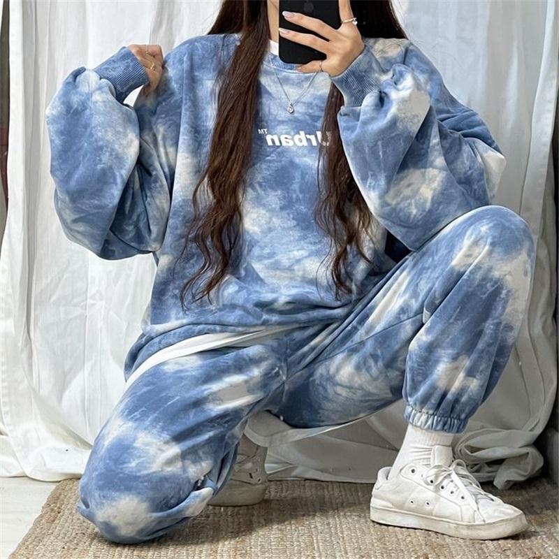 

Women s Tie Dye Tracksuit 2Pcs Set Casual Loose Sweatshirt Pants Long Sleeve Pullover Streetwear Autumn Winter Sportswear L синий