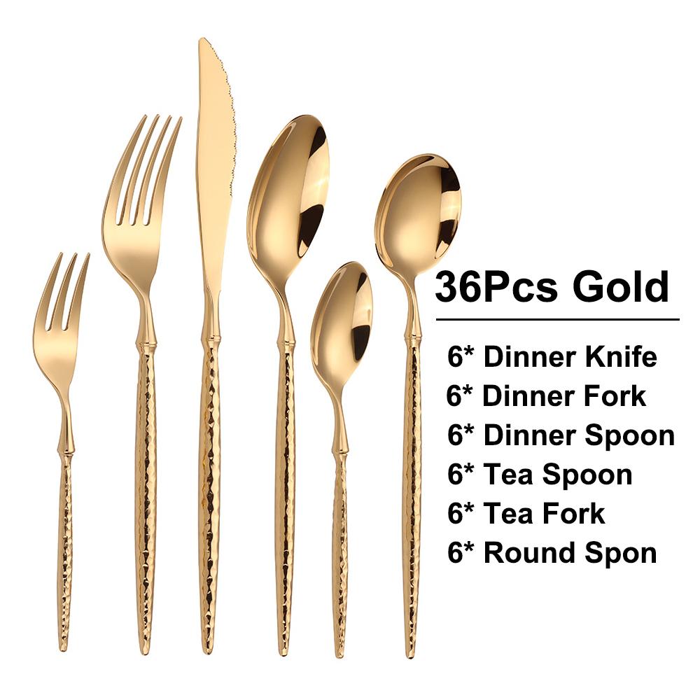 24/30/36Pcs Gold Cutlery Stainless Steel Sliver Tableware Set Hammer Pattern Handle Dinner Set Mirror Western Knife Spoon Fork