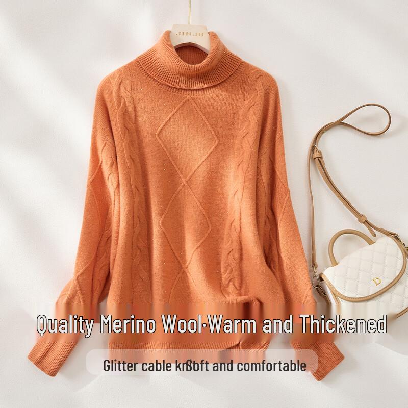 Women s Thickened Cable Knit Sequin High-Neck Wool Blend Sweater One Size