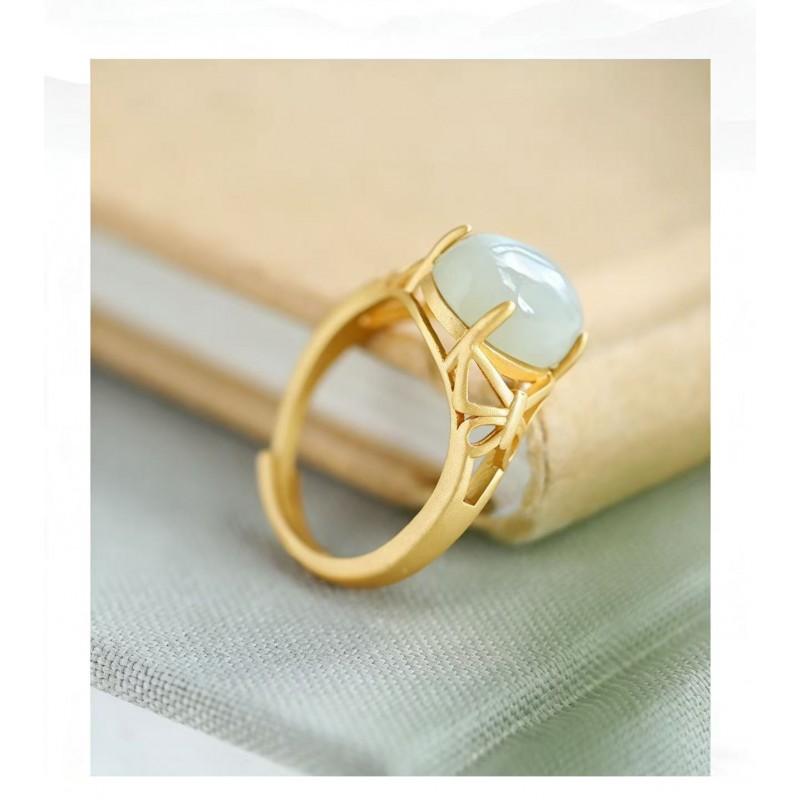 Adjustable Open Ring Women Men Copper Gold Plated Jade Butterfly Filigree Vintage Boho Jewelry