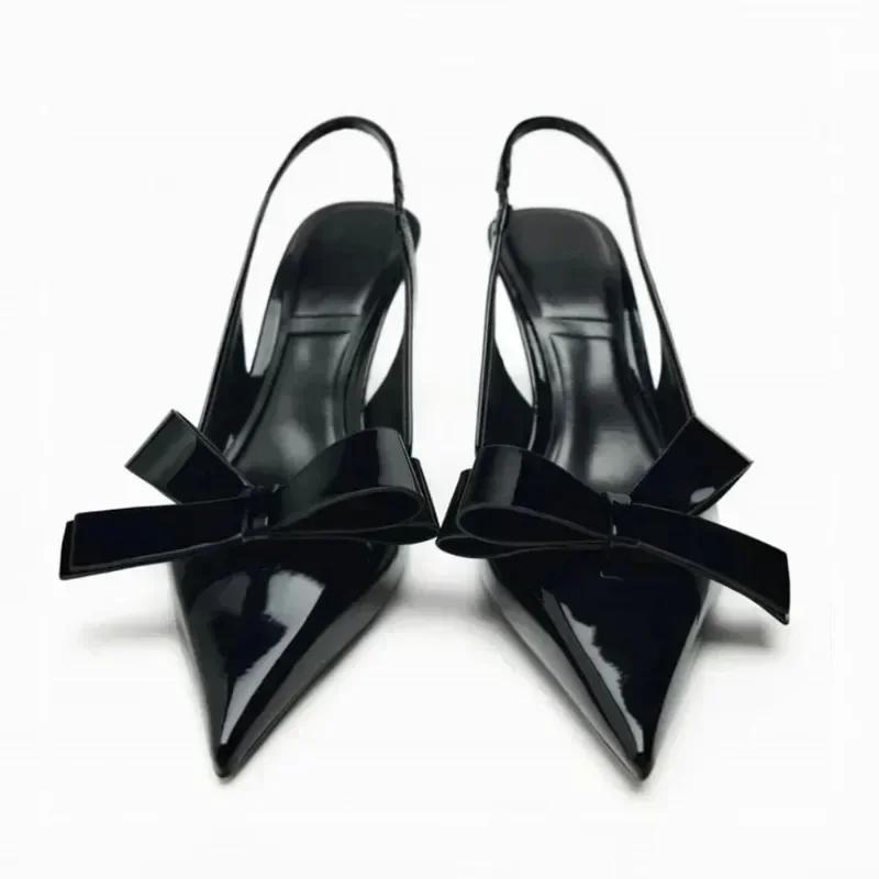 Fashion Black Sexy Pointed Toe Thin High Heels Women Fashion Bow Open Toe Heeled Sandals Banquet Dress Shoe Luxury Designer Women Pumps