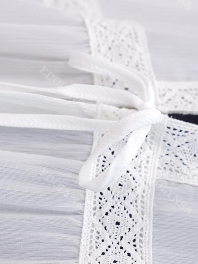 Elegant White Chiffon Women's Lace Long Sleeved Bow Cardigan Bathing Suit Cover Ups Beach Sarong Robe de Plage Tunic  Q947