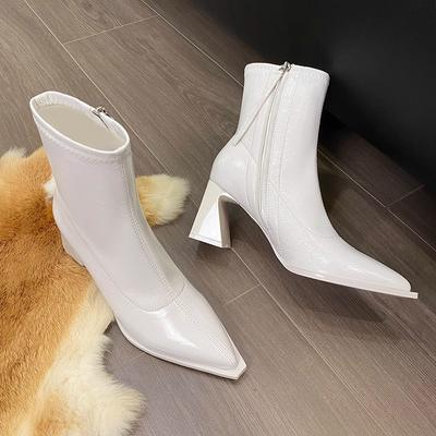 Women's Fashion Chunky Single Boots Fall New Pointy Side Zipper Anti-slip Wear-resistant Short Boots