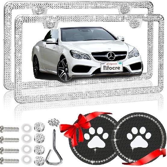 Bling License Plate Frames For Women Sparkly Rhinestone License Plate Frame Diamond Car License Plate Cover Glitter Bedazzled License Plate Holder 2