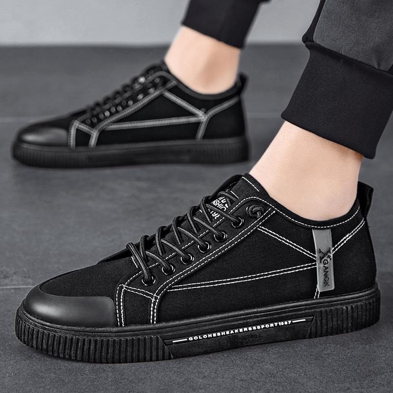 

Flat Shoes, Men s Black Thick Soled Sports Shoes, Lace Up Skateboarding Shoes, Breathable Canvas Low Cut Casual Walking School 39
