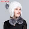 JINGERYA Winter Hats For Women Girls Real Mink Fur Hat Cat Ear Children Winter Hat Hot Fluffy Fox Fur Diamond Ears Knitted Mink Hats
