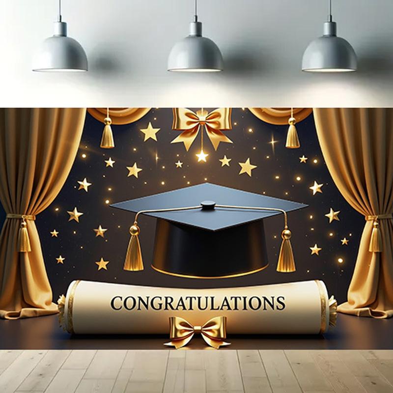 Golden Graduation Cap&Diploma Design Party Banner,for Celebrations,Home&Garden Events,Photo Studio Backdrop,Festivities,Graduation Party Decor