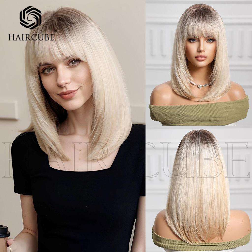 European Style Brown Medium Long Wig with Full Bangs for Women - High-Temperature Fiber