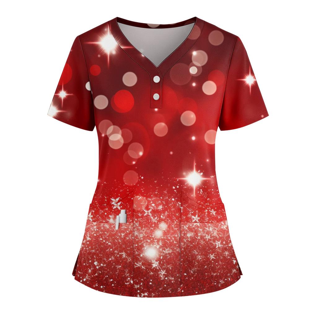 Women's Loose Short Sleeved Fashionable Polka Pots And Geometric Printing V-neck Buttonable Side Slit Top T-shirt