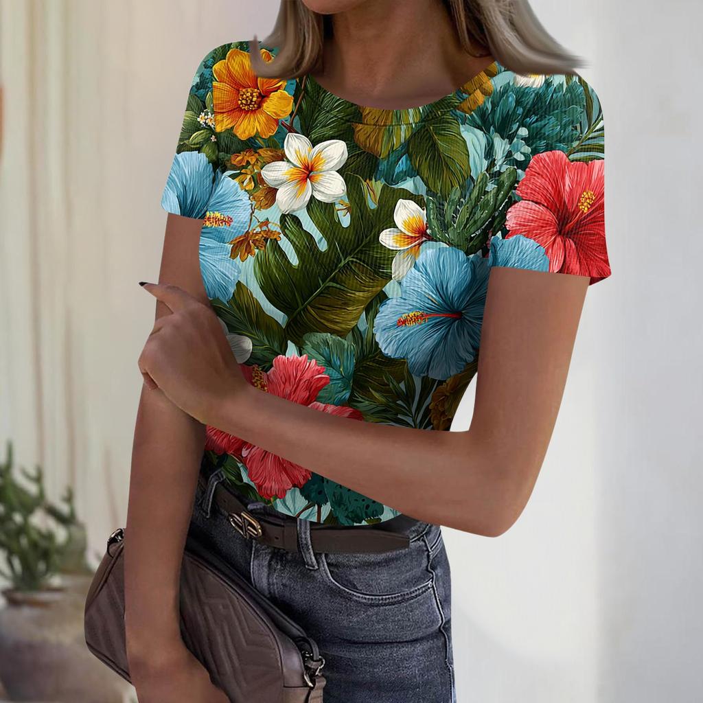 Women's Casual Fashion Round Neck Hawaiian Print Short Sleeve Ribbed Top