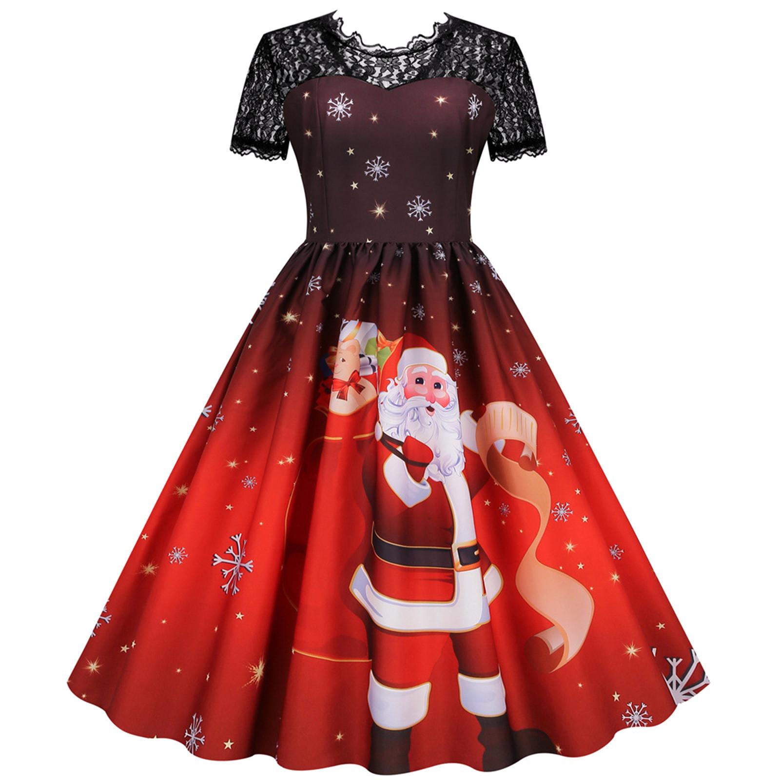 Women s Fashion Christmas Casual Slim Short-Sleeved Lace Splicing Print Hem Dress S винный