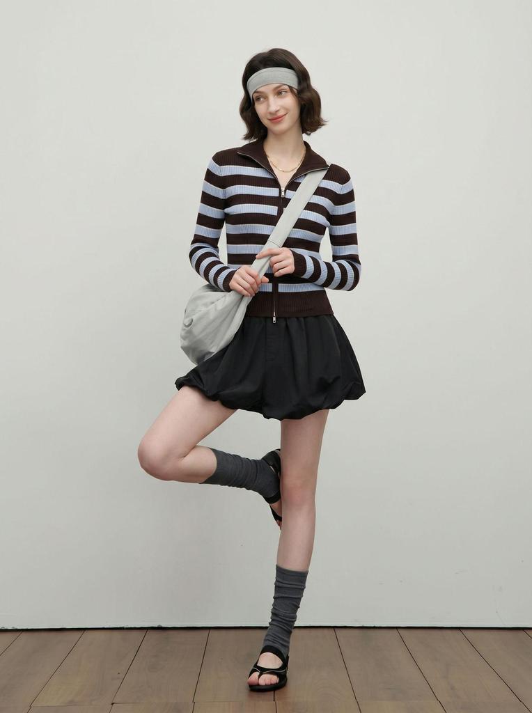 Women's High-Neck Striped Wool Cardigan: Slimming Zipper Sweater for Autumn & Winter, Premium Quality.