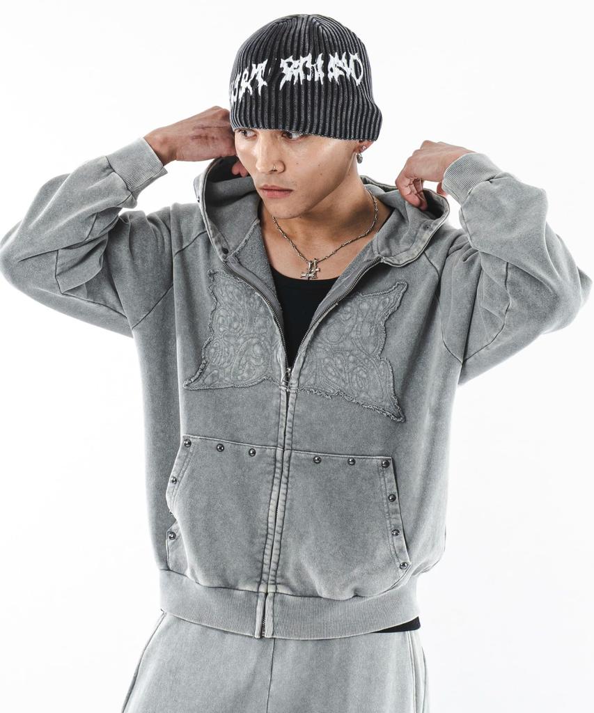 WEGO Powder Bleached Studded Zip Korean Size Gray Men's Hoodie, Sweatshirt, Hooded, Autumn/Winter Clothing, Streetwear, Style, L,