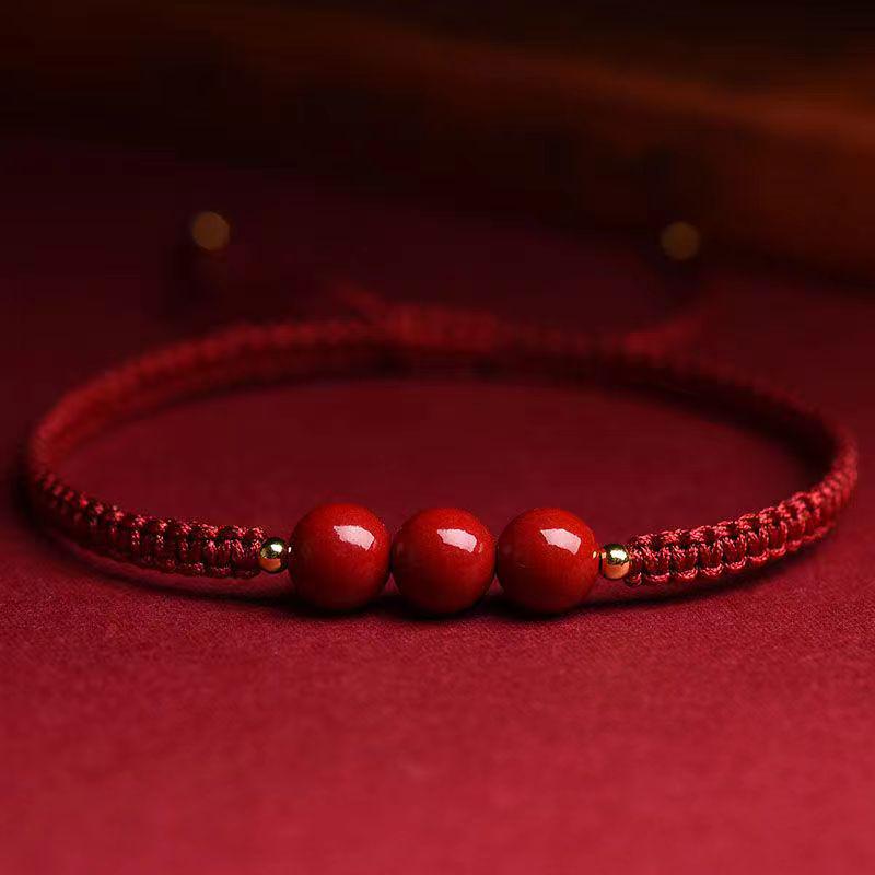Cinnabar Red Hand-Woven Single Strand Triple Loop Bracelet