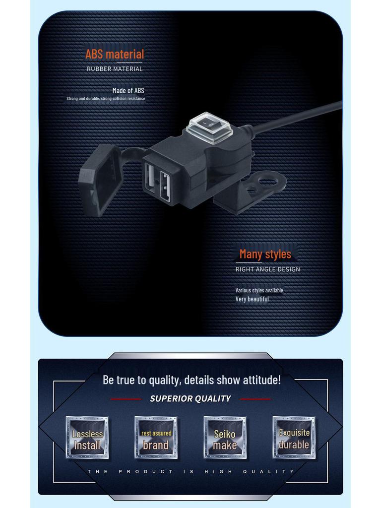 Slim Waist Dual-Port 12V USB Charger with Rearview Mirror & Handlebar Mount for Motorcycles