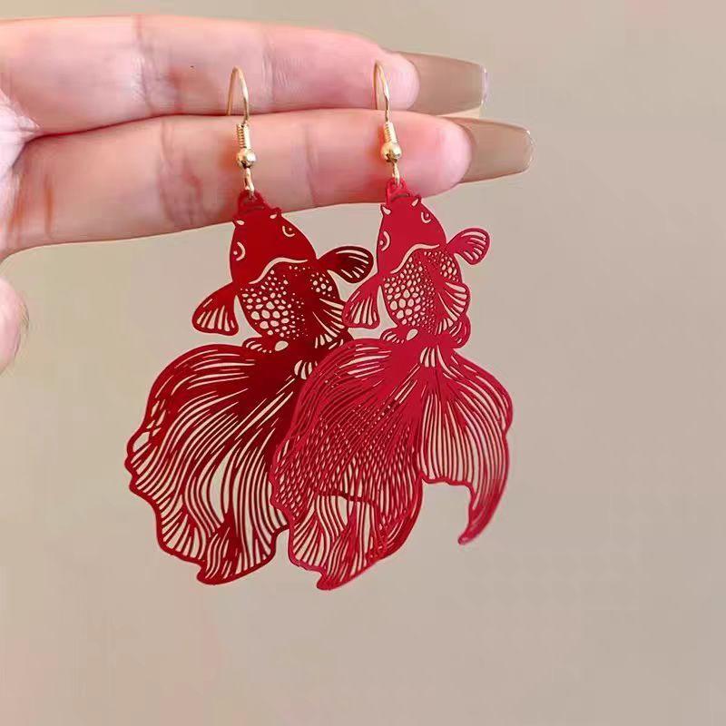 New Chinese Red Koi Ear Clips Without Ear Piercings, National Style, Festive And Exaggerated Earrings, Wedding Bride Earrings, Women