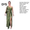 Abendkleid für Damen, eine Schulter, einzelne offene Ärmel, geteilter Saum, einfarbig, schmale Taille, plissiertes Knotendekor, einfarbig, Abschlussball, Cocktailparty, Maxikleid