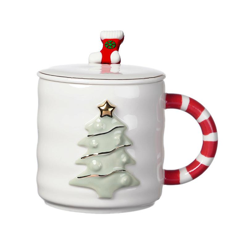 Christmas Tree Ceramic Mug Embossed Coffee Cup Creative Cartoon Girl Office High Value Gift Water Cup