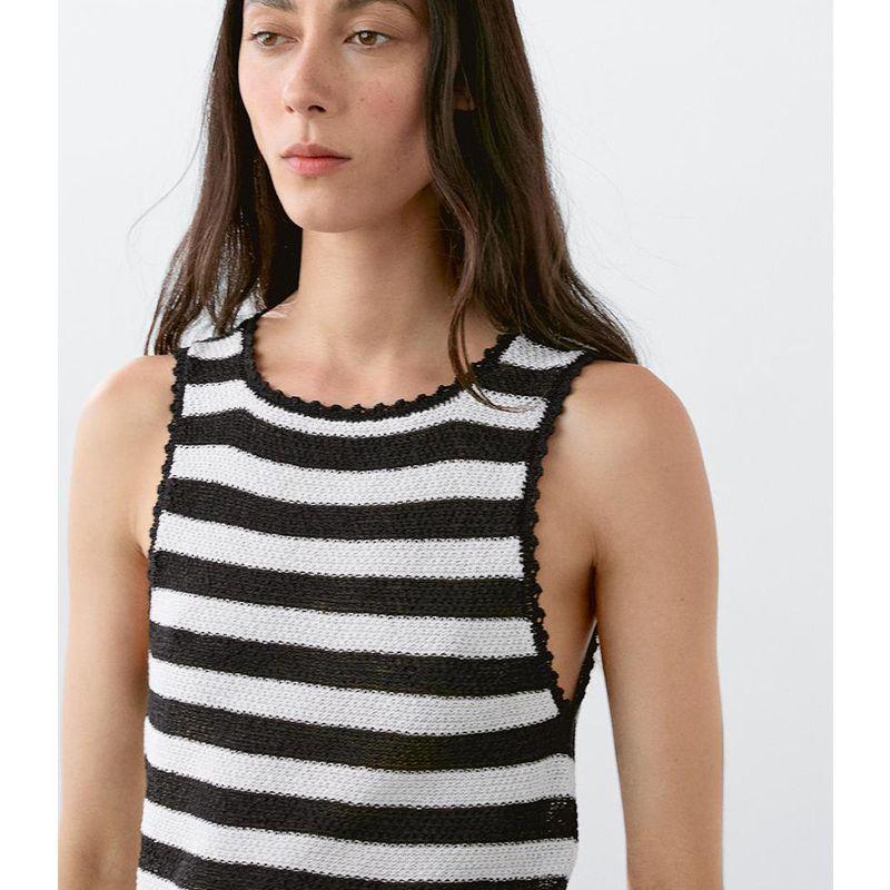 MD Summer Women Clothes Navigation Series Black and White Stripe Lace Knitted I-Shaped Vest Sleeveless T-shirt Top 6811701