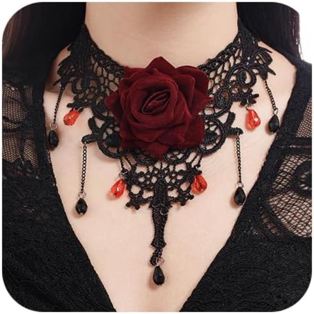 Gotischer Schwarzer Spitze Rote Rose Blume Choker Halskette Vintage Kristall Anhänger Kragen Kette Zubehör für Halloween Hochzeit Brautparty