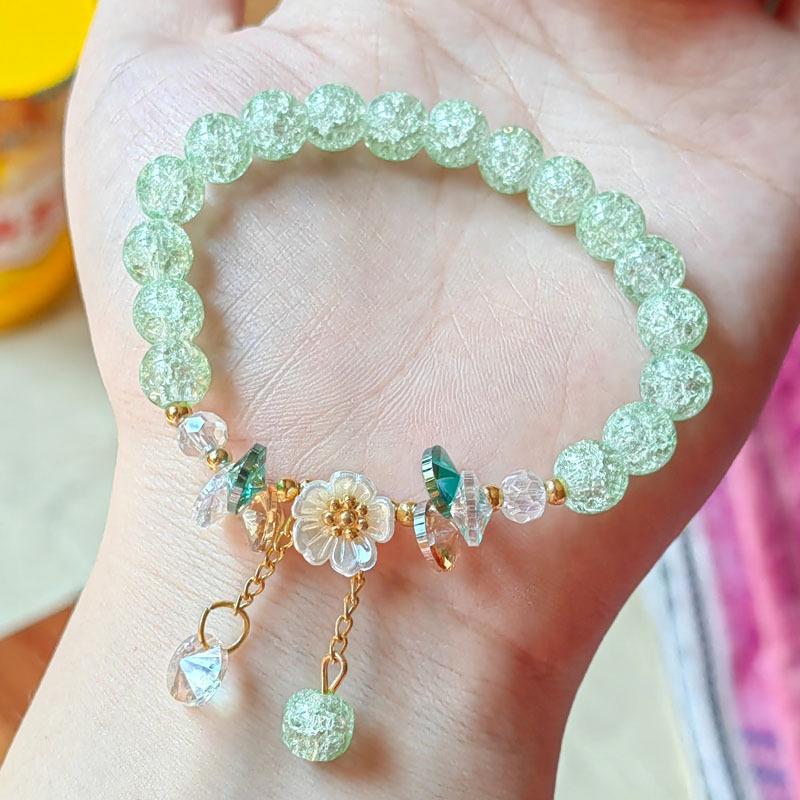 Cute Green Crystal Bead Bracelet for Women Trendy Lily Valley Flower Charm Elastic Adjustable Bracelet Wedding Birthday Jewelry