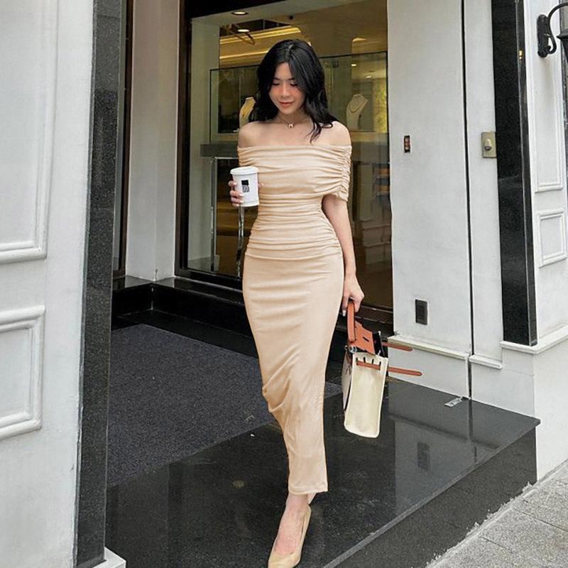 Shoulder One Slim Dress Pleated Fit And Slimming Split Bottom Skirt Formal Dress Long Skirt