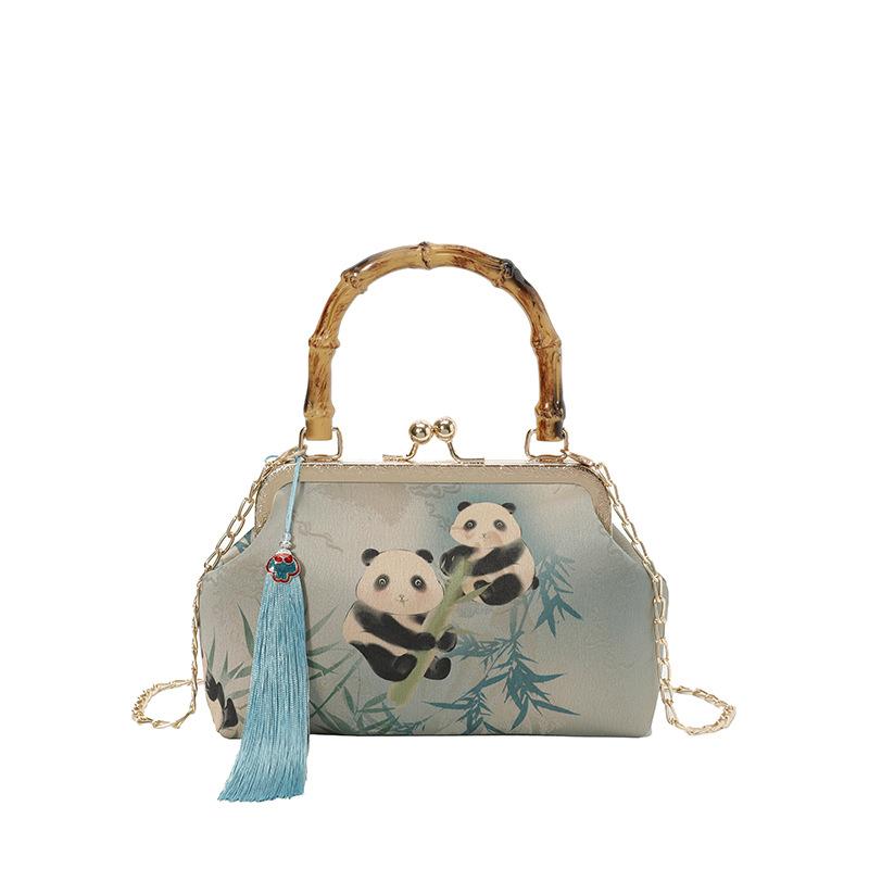 Fashion retro wind bamboo handle panda embroidery clip women's small square bag new versatile fringed shoulder messenger bag