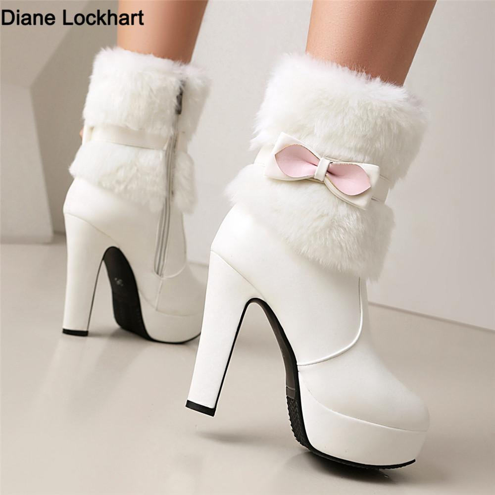 Fashion 2025 Winter Womens Fashion High Heel Boots White Black Fur Tassel Bowtie Lovely Lolita Ladies Party Wedding Shoes Size 35-43