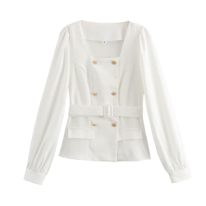 Kaslead New Arrival Women's Fashion Style Minimalist Retro Square Collar Double Breasted Lantern Sleeve Ladies Tops