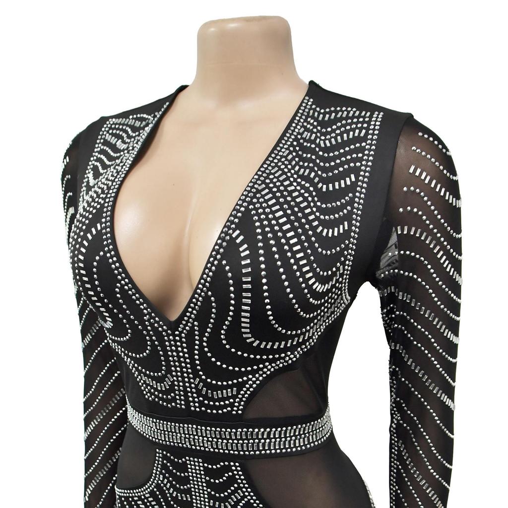 Women's Fashion Solid Color Mesh Long Skirt Dress with Hot Drilling